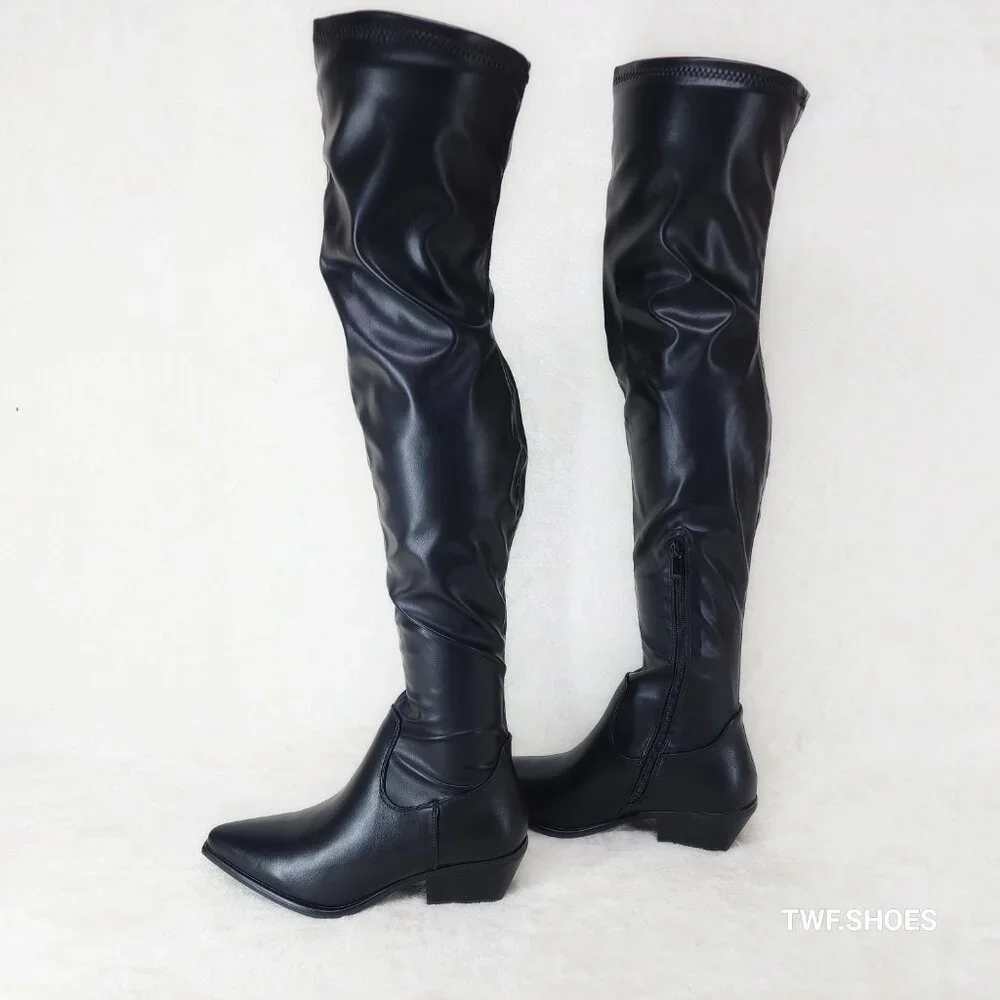 Rodeo Rider Black Stretch Faux Leather Western Cowgirl Thigh High OTK Boots